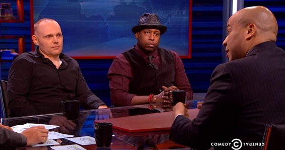 Comedian Bill Burr and rapper/activist Talib Kweli speak with host Larry Wilmore, Indian model/actress Shenaz Treasury and New Jersey-based U.S. Senator Cory Booker on The Nightly Show.